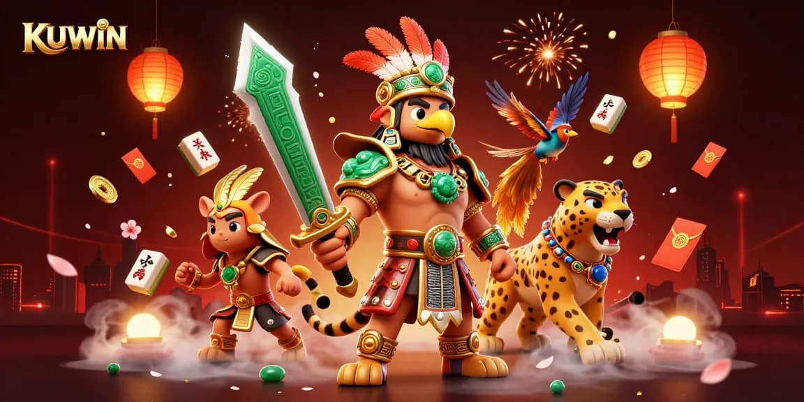 KUWIN showcases a vibrant 3D scene of Aztec warriors celebrating with gambling elements.