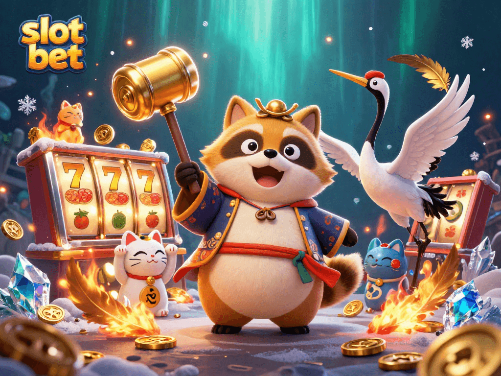 Taruhan slot bet yang menarik dengan karakter kartun ceria dan elemen casino yang memukau