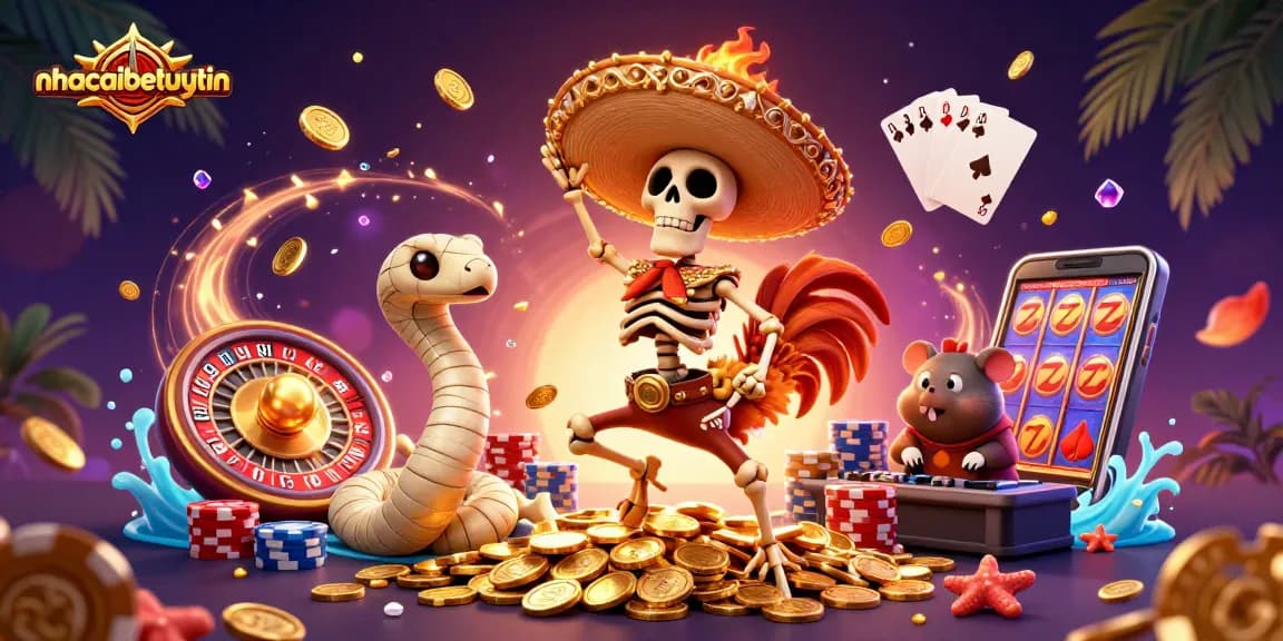 Join the fun at nhacaibetuytin as the mariachi rooster celebrates with golden coins and gems in an exciting casino scene.