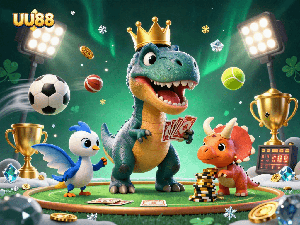 Win big with UU88 while T-Rex and friends shuffle cards in a vibrant casino scene.