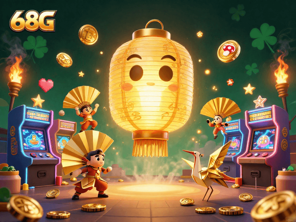 Atraia grandes jackpots com 68G em uma cena de cassino vibrante com luzes e personagens mágicos.