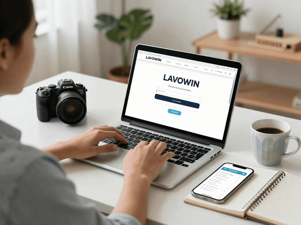 User accessing LAVOWIN login on a sleek laptop in a bright home office with plants and natural light.