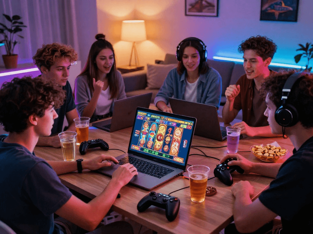 Friends enjoying link slot gaming in a cozy setting filled with snacks and excitement.