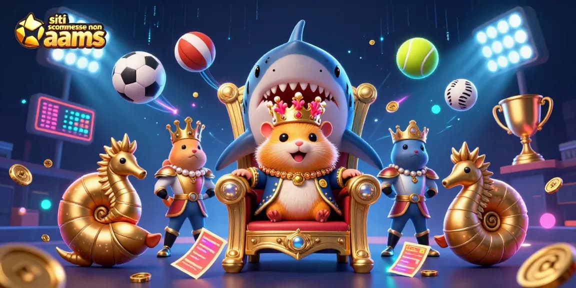 Scommettere sui migliori siti scommesse non AAMS con un'illustrazione 3D accattivante di un re criceto dorato e guardie cavalluccio marino in un mondo sportivo.
