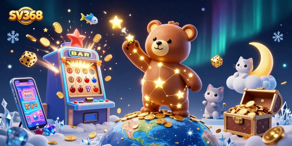 Engage in gaming excitement with SV368 as a constellation bear scoops coins amidst casino action.