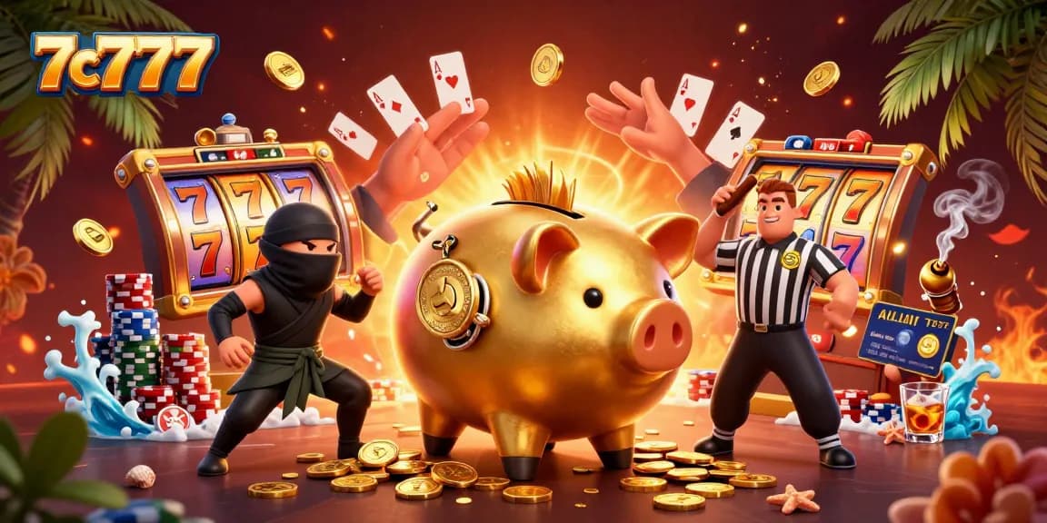Experience 7c777 excitement with a dynamic casino showdown of a golden piggy bank sumo wrestler.