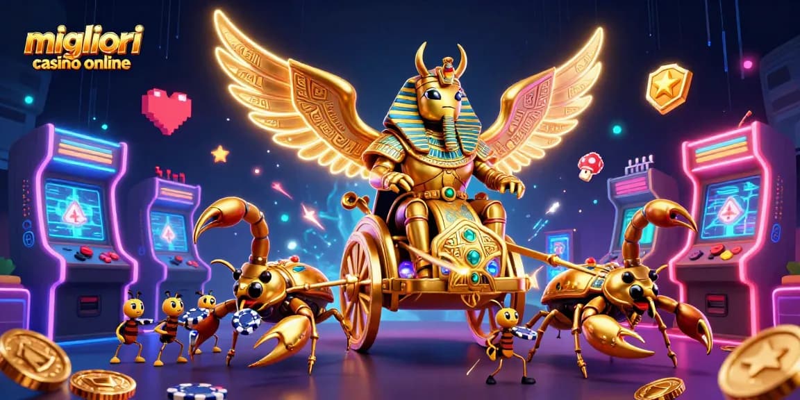 Scopri i migliori casinò online con questa vivace illustrazione 3D di uno scarabeo dorato in armature faraoniche.