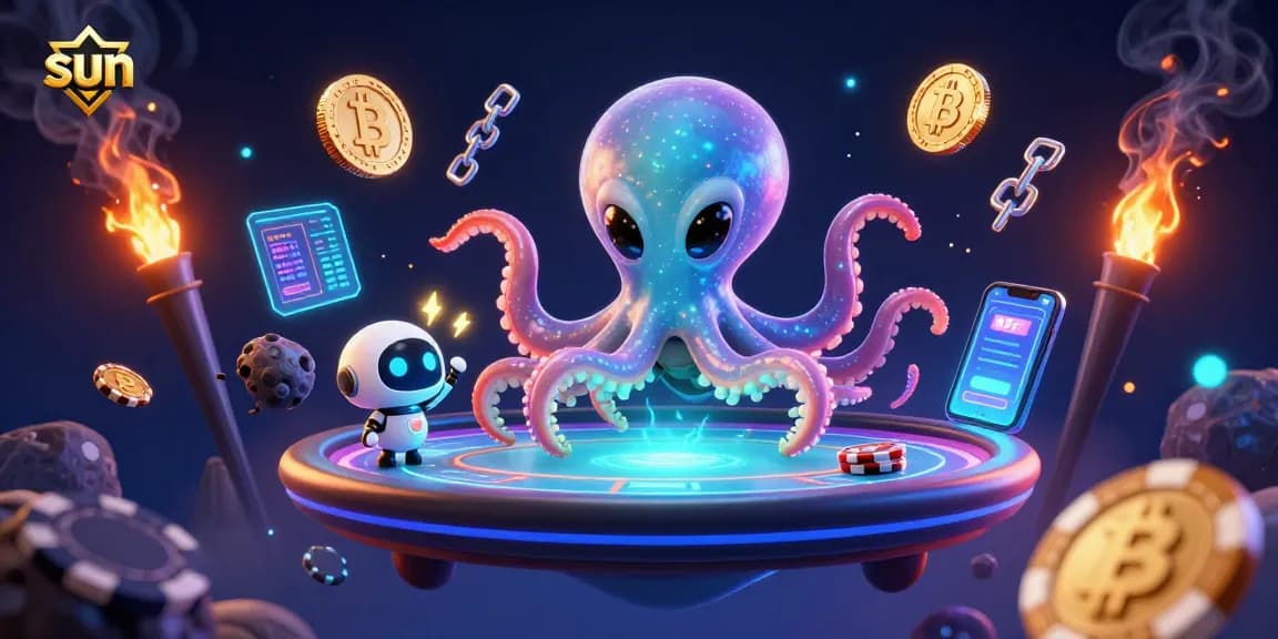Engage with the vibrant sun-themed casino universe featuring a playful alien octopus and crypto coins.