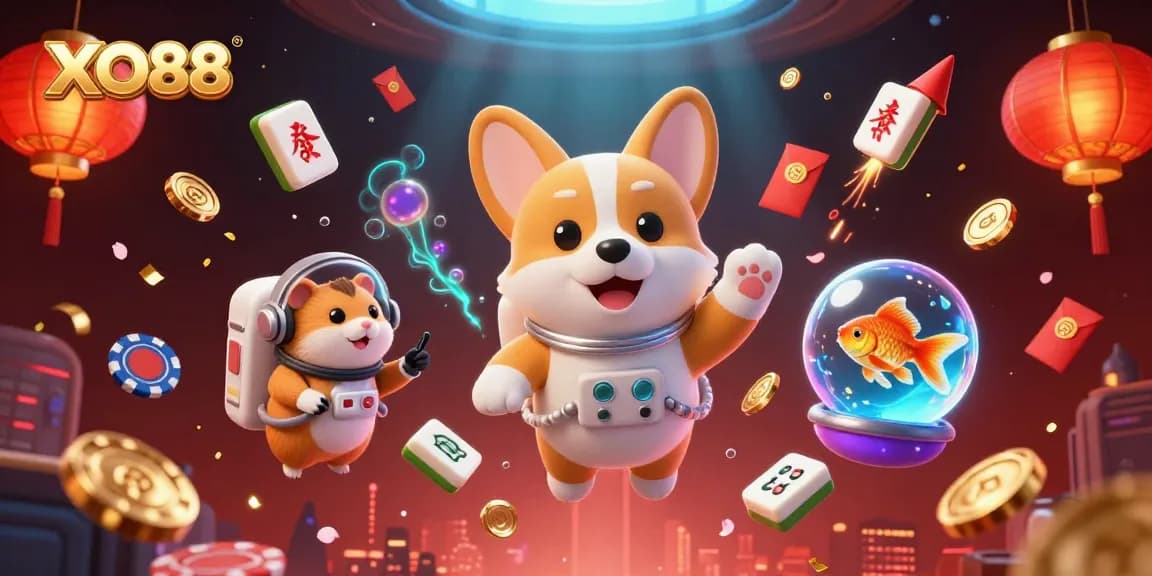 Engage with exciting offers at XO88, featuring a vibrant casino scene filled with animated characters and floating game elements.