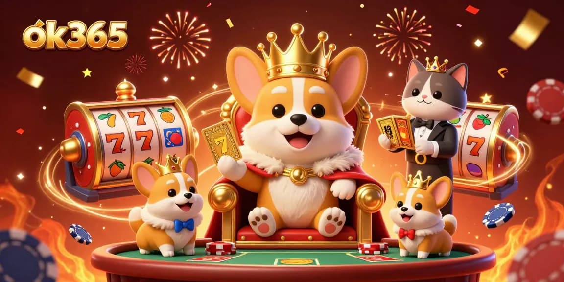 Experience exciting games at ok365 with corgi royalty and vibrant casino elements celebrating luck.