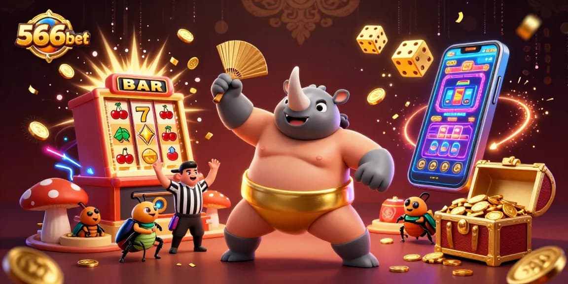 Engage with thrilling 566bet casino action featuring a powerful beetle sumo champion amidst a jackpot explosion.