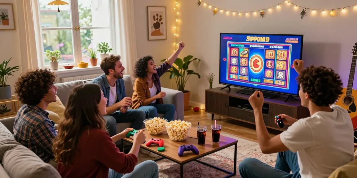 Friends joyfully playing slot jackpot game in a cozy living room, surrounded by snacks and bright decor.