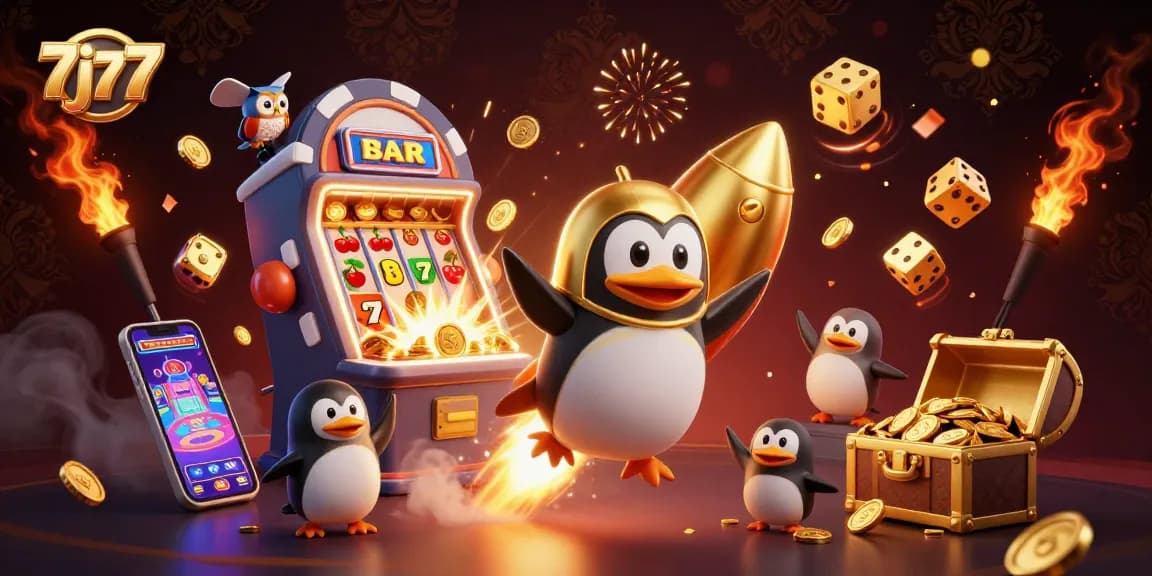 Experience thrilling action with 7j77 by witnessing a golden penguin and casino elements galore!