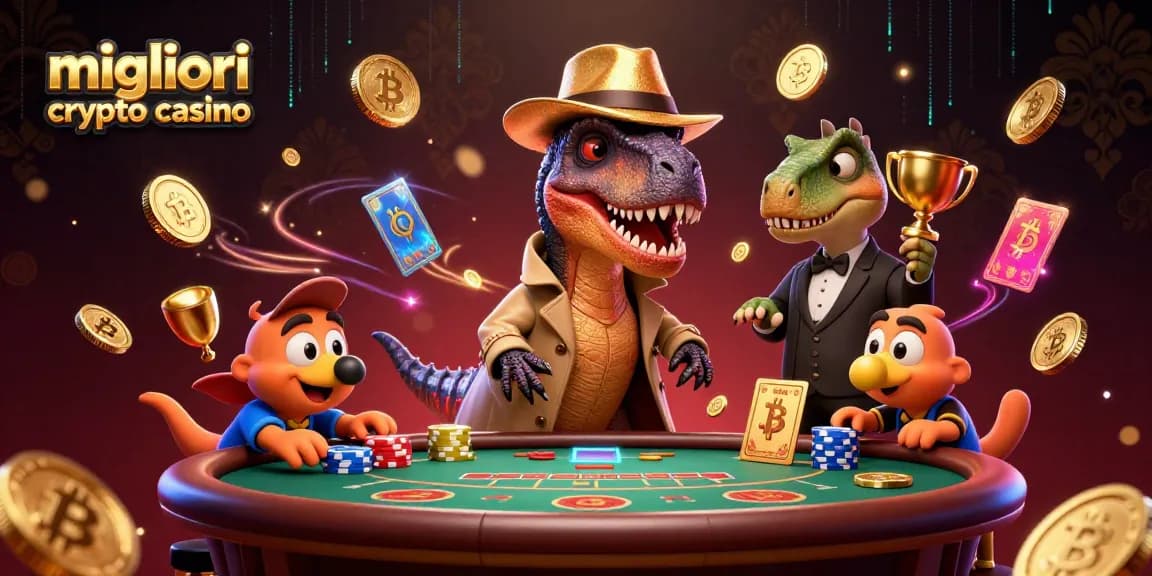 Esplora i migliori crypto casino con una vivace illustrazione di un velociraptor al tavolo di blackjack circondato da monete digitali.
