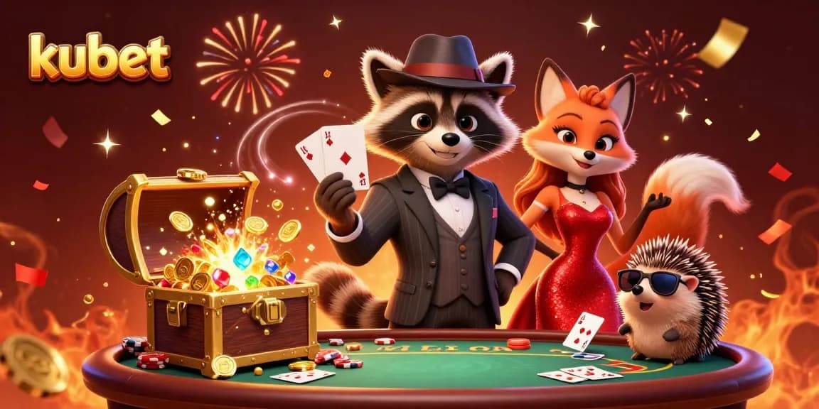 Kubet showcases a lively 3D casino scene with a raccoon holding a royal flush, emphasizing vibrant gambling excitement.