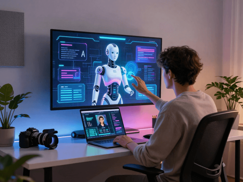 Engaging with a sex bot interface in a sleek tech workspace with vibrant holographics