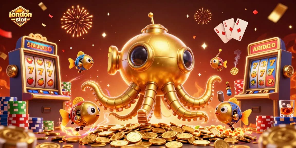 Experience the thrill of london-slot with a vibrant 3D golden kraken and dynamic slot machine scene.