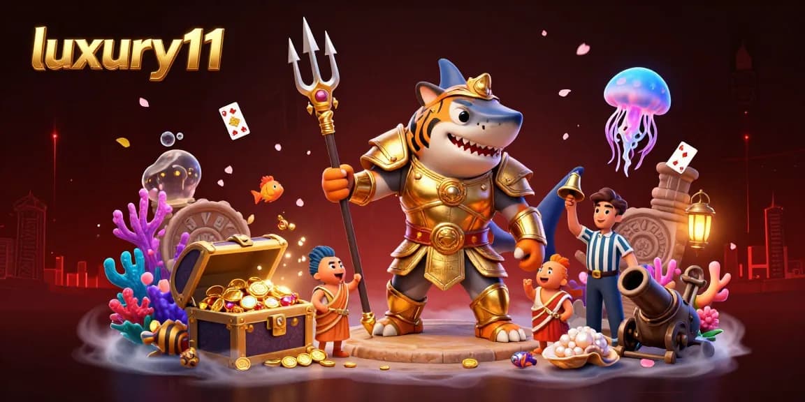 Experience thrilling underwater action with luxury111 in this vibrant casino illustration featuring a tiger shark and treasures.