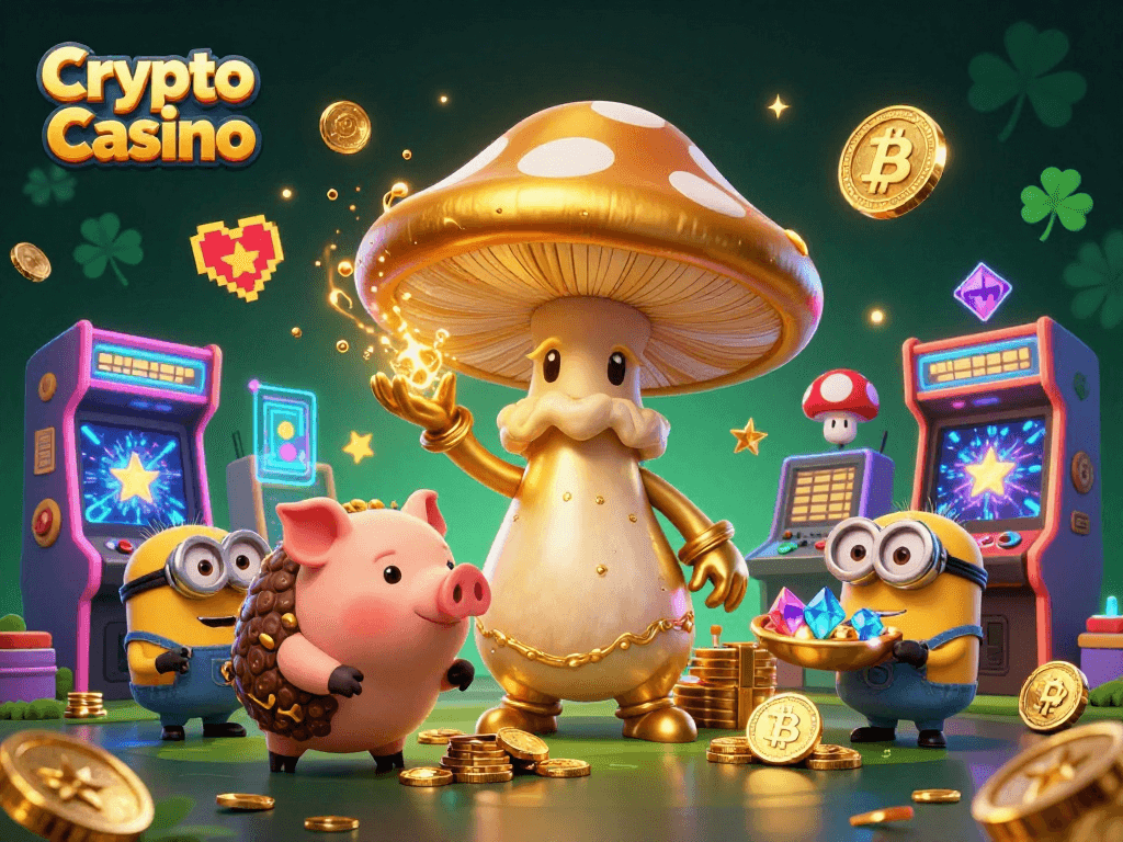 Experience the excitement of a Crypto Casino with vibrant characters and dynamic gaming elements in this illustration.