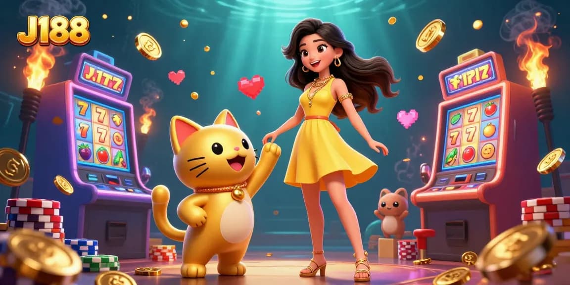 Engage with J188's vibrant casino world featuring lucky slot machines and joyful interactions.