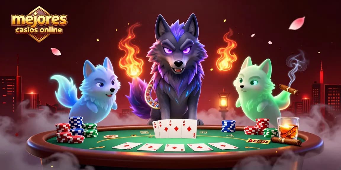 Visualiza los mejores casinos online con líderes de manada de lobos y elementos de juego en una escena cautivadora.