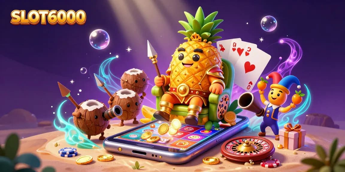 SLOT6000 captivates players with its vibrant casino scene featuring the pineapple king and dynamic slot action.
