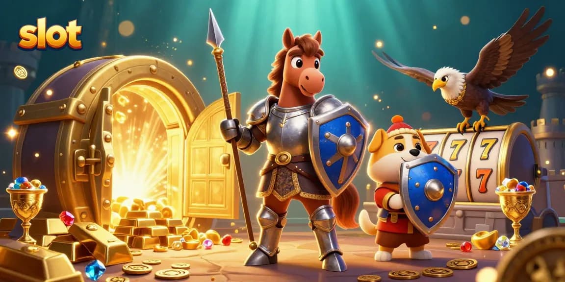 Win big with slots in this vibrant casino fantasy scene featuring a knight, puppy, and falcon.