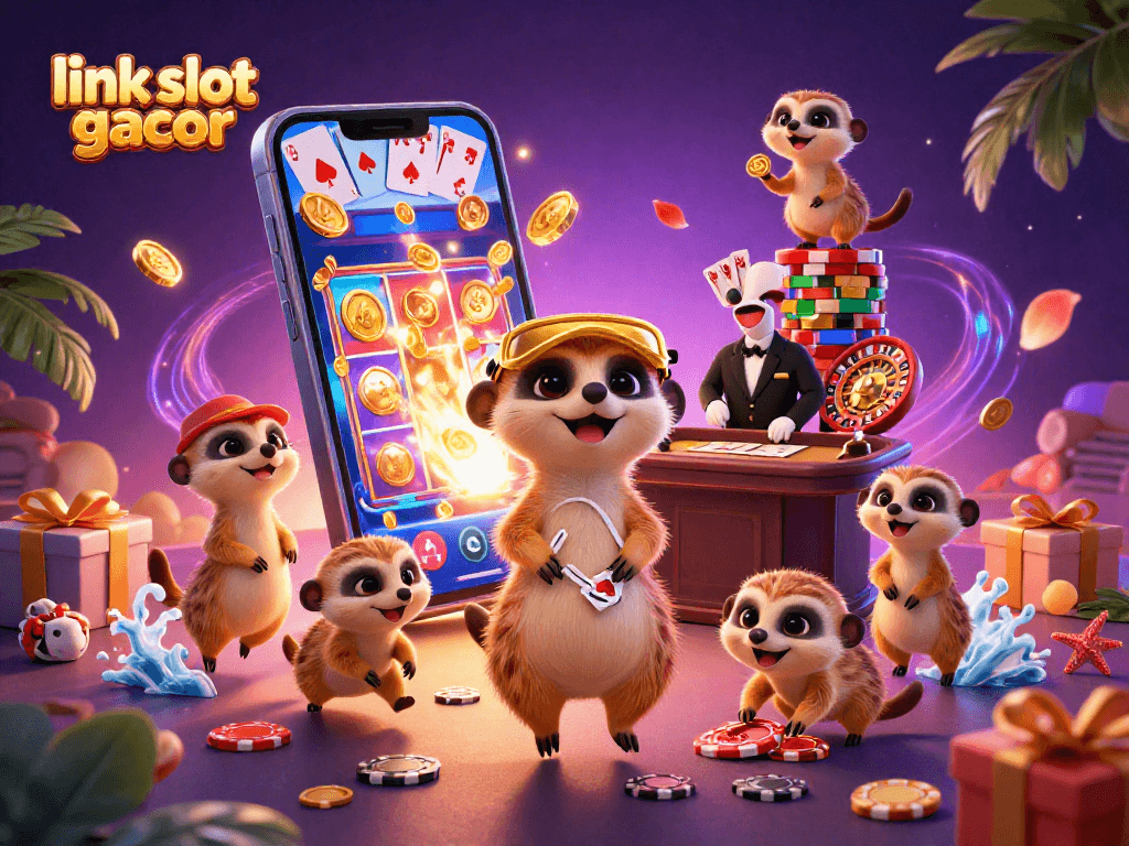 Experience the thrill of gaming with link slot gacor, featuring a vibrant casino scene with playful meerkats.