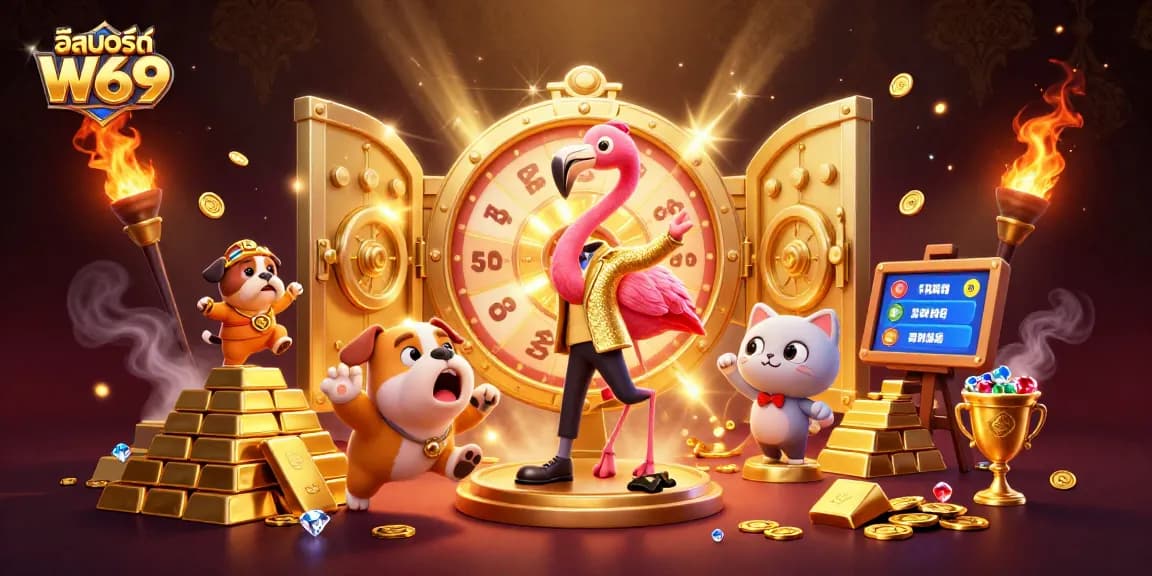 Experience thrilling action with อีสปอร์ต W69 as a flamingo hosts a prize wheel while excitement fills the scene.
