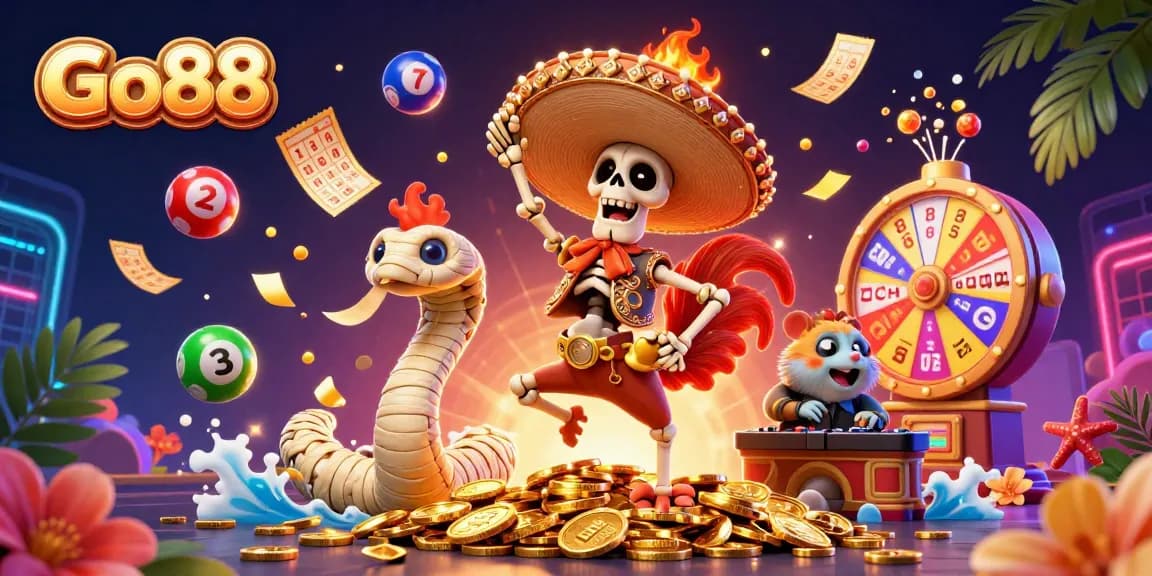 Go88 game scene featuring vibrant lottery balls, a daring rooster, and a lively DJ amidst golden coins.