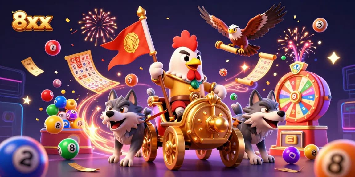 Engaging 8xx casino scene featuring a rooster warlord and gaming elements for a vibrant experience.