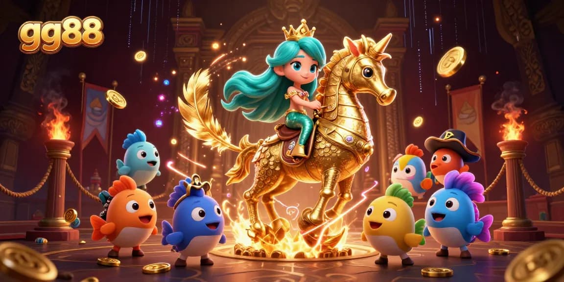 Experience the thrill of gg88 with a vibrant 3D mermaid scene amidst casino symbols and golden treasures.