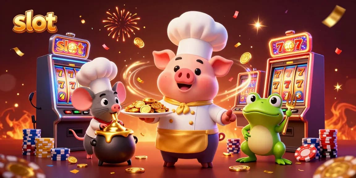 Experience thrilling slot action with pig chef serving gold coins in a vibrant casino scene.