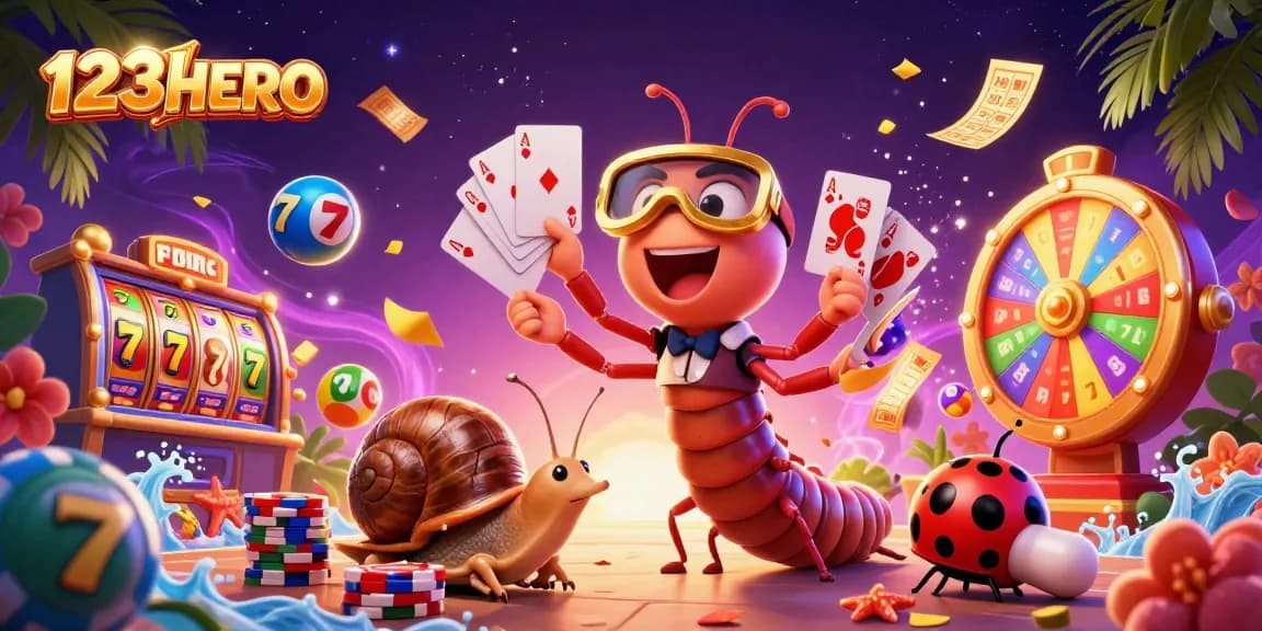 Experience thrilling games at 123HERO with vibrant casino elements in an engaging illustration.