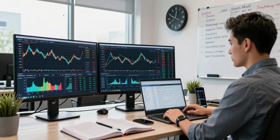 Trader analyzing MetaTrader 5 charts and indicators in a professional workspace