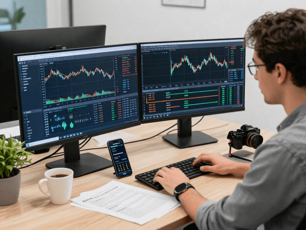 在TradingView官网上，交易者通过双显示器追踪市场动态，营造专业交易环境。