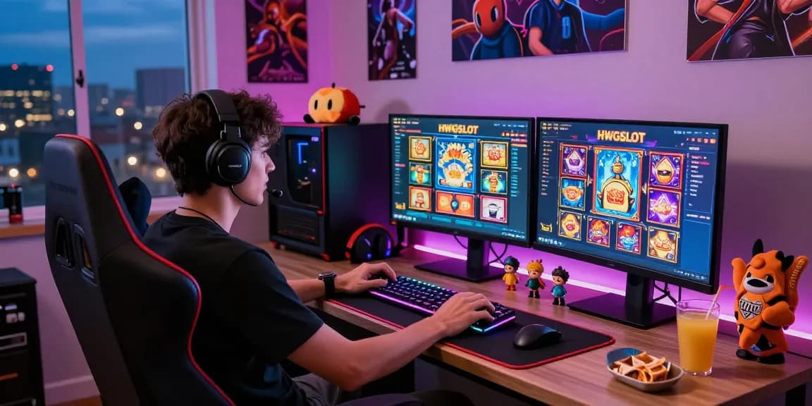 Gamer immersed in HWGSLOT gaming experience with vibrant setup and multiple monitors.
