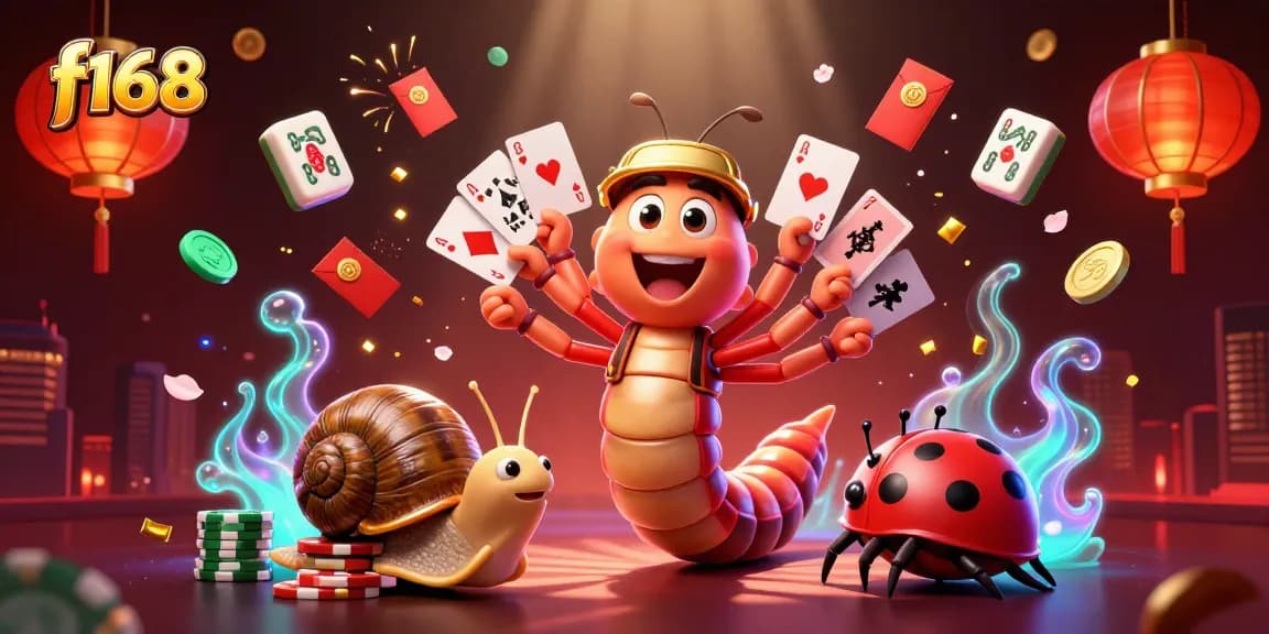 Engage with f168's thrilling features through a vibrant 3D casino illustration showcasing dynamic game elements.