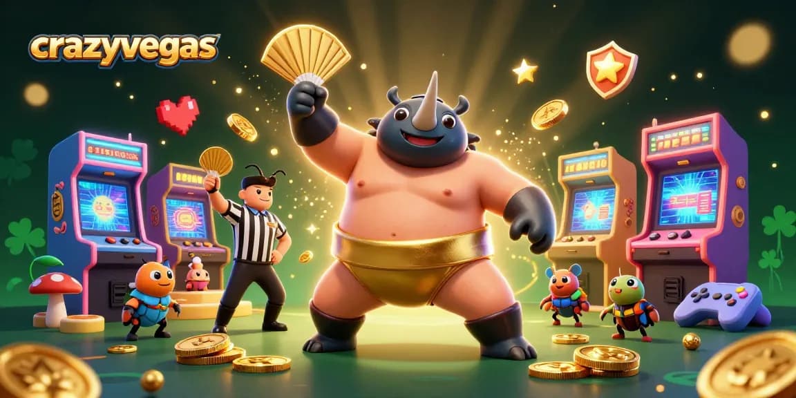 Experience the excitement at crazyvegas with the powerful stamped victory of a sumo beetle champ surrounded by vibrant game elements.
