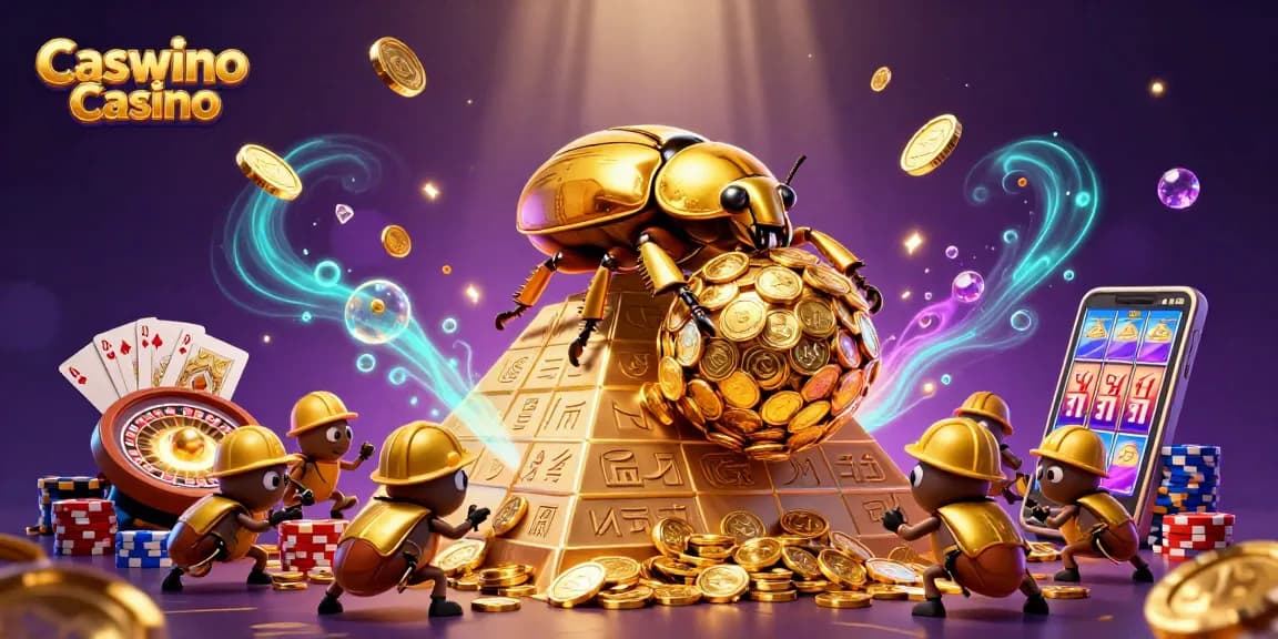 Experience the thrill of Caswino Casino with golden beetles amidst a vibrant casino scene.