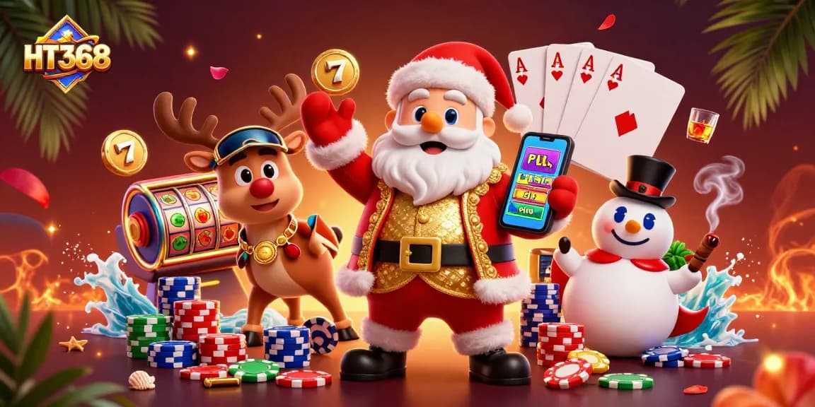 Engage in thrilling slots action at HT368 with Santa Claus, poker chips, and vibrant casino elements.