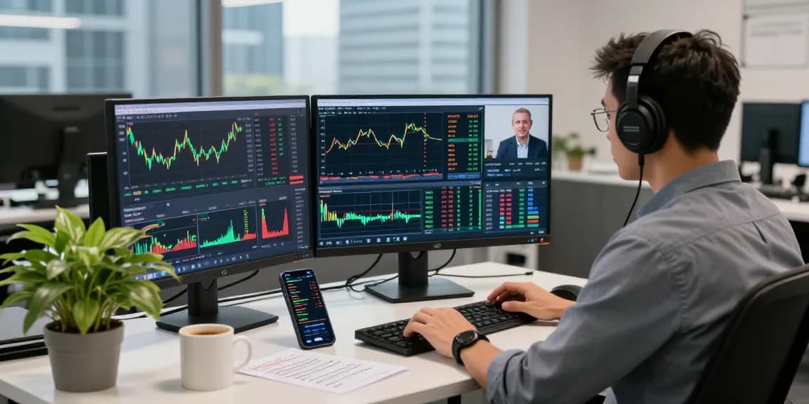 Trader engaged with MetaTrader 5 on multiple screens in a vibrant office.