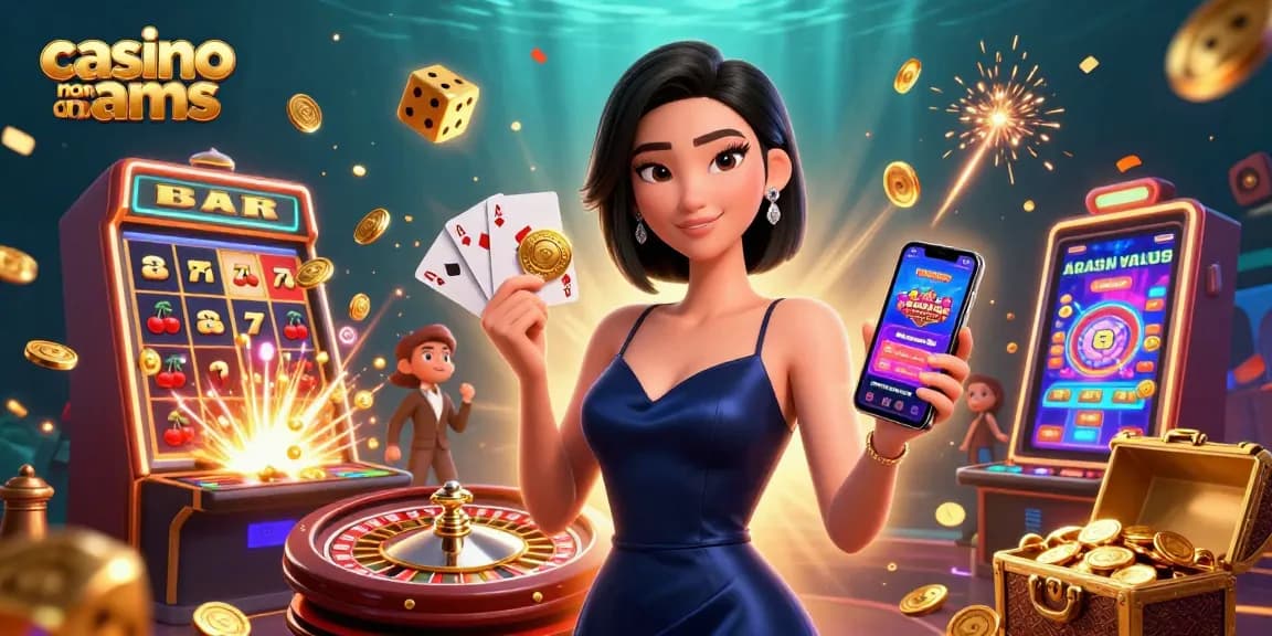 Scena promozionale coinvolgente di un casino non AAMS con una donna asiatica che utilizza un'app casino, azione dinamica.