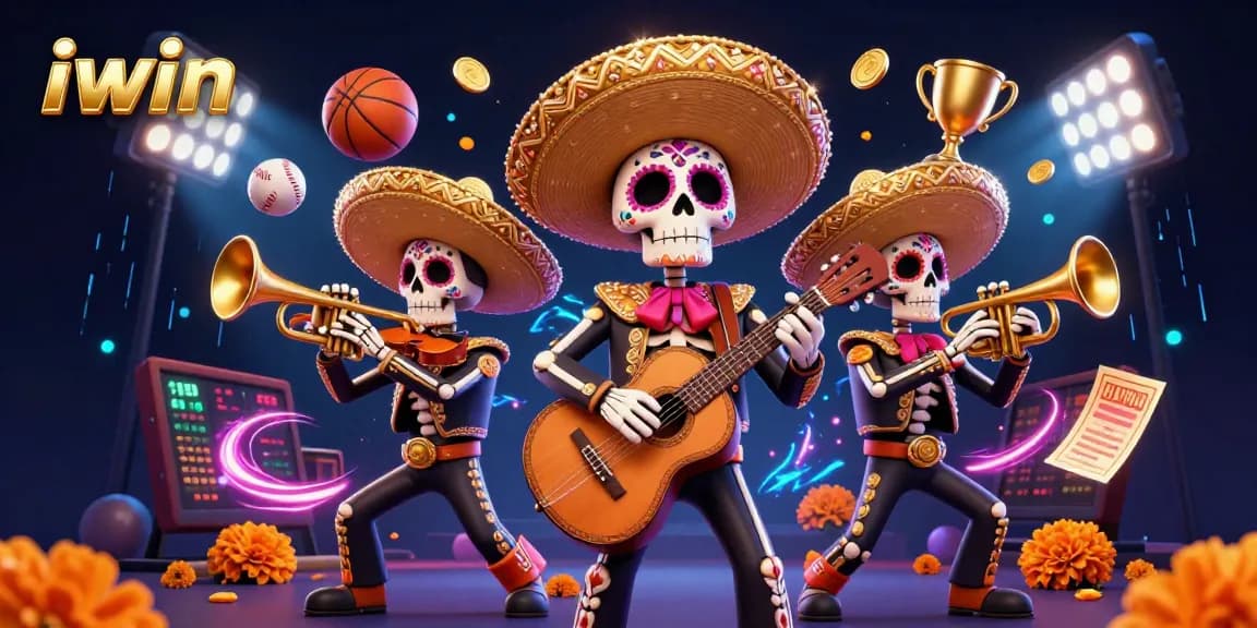 Join the fun at iwin with a vibrant scene featuring a Day of the Dead mariachi band amidst dynamic sports elements.