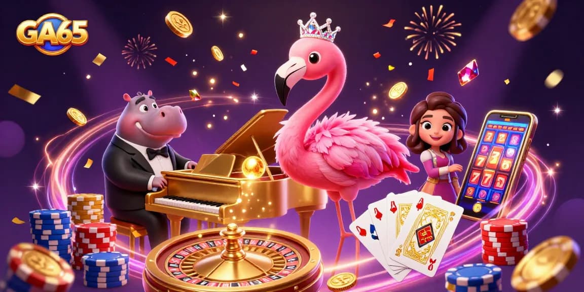 Experience the excitement of GA65 with a vibrant flamingo singer and hippo bassist in a lively casino scene.