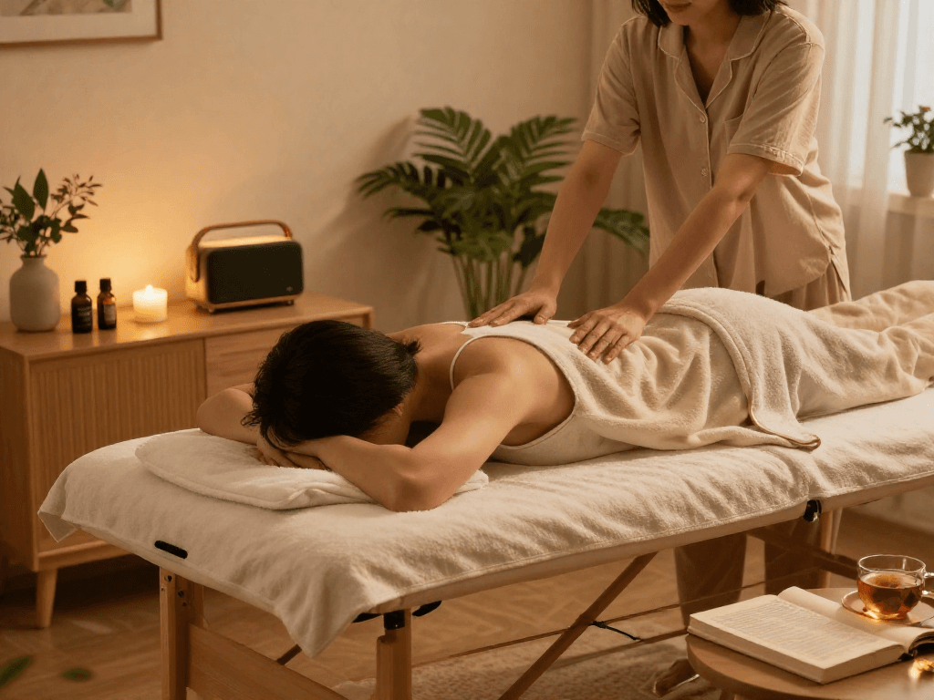 Enjoying a soothing 의왕출장마사지 at home, with calming candles and essential oils creating a relaxing atmosphere.