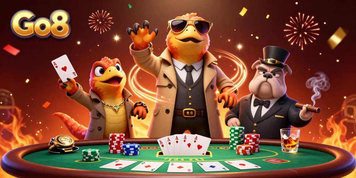 Go8 casino raptors amusingly attempting to enter VIP lounge amidst poker elements and festive effects.