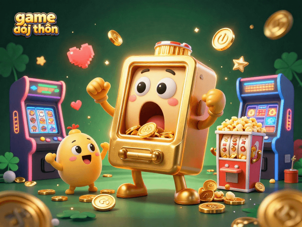 Engage with game đổi thưởng as a golden slot machine hits the jackpot amidst cheering mini slots and arcade elements.