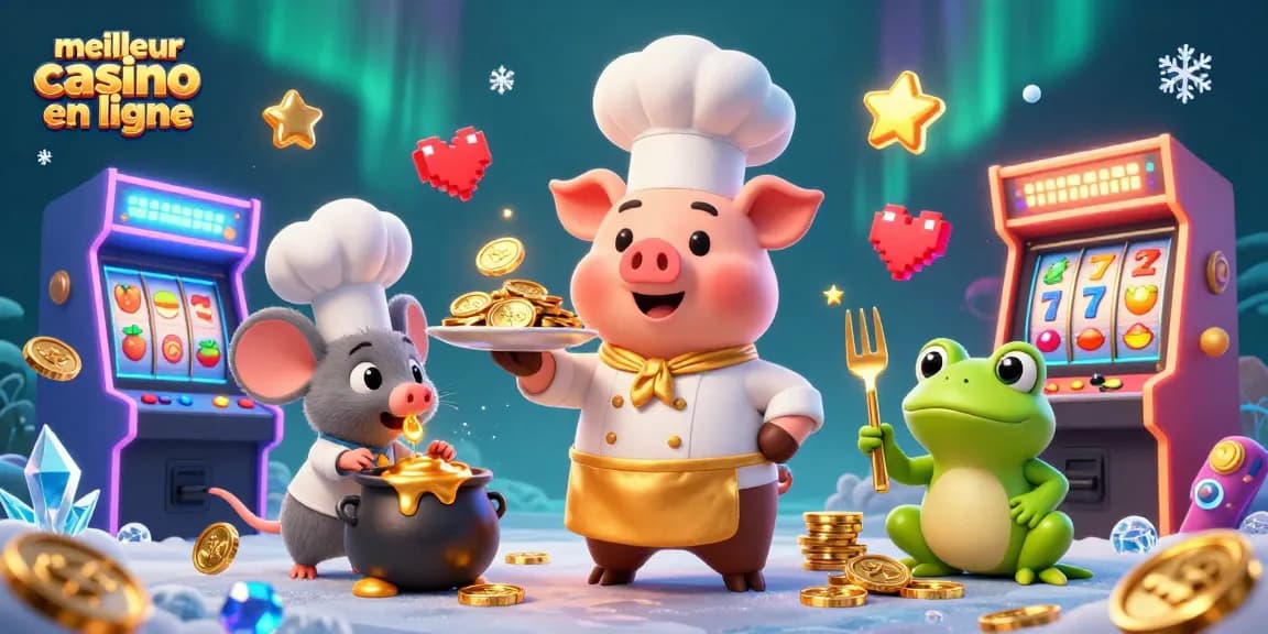 Illustration d'un chef pig servant des pièces d'or dans le meilleur casino en ligne, entouré de machines colorées.