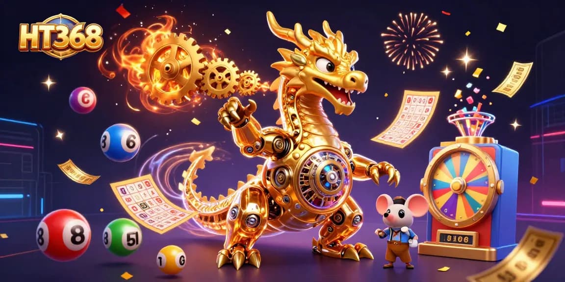 Engage with HT368 in an exciting casino scene featuring a golden dragon, colorful lottery elements, and festive visuals.